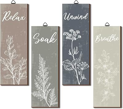 Ripeng 4 Pcs Boho Bathroom Decor Botanical Wall Art Relax Soak Unwind Breathe Sign Rustic Vintage Farmhouse Minimalist Wooden Signs for Home Restroom Decorations 11.8 x 4 Inch