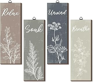 Ripeng 4 Pcs Boho Bathroom Decor Botanical Wall Art Relax Soak Unwind Breathe Sign Rustic Vintage Farmhouse Minimalist Wooden Signs for Home Restroom Decorations 11.8 x 4 Inch