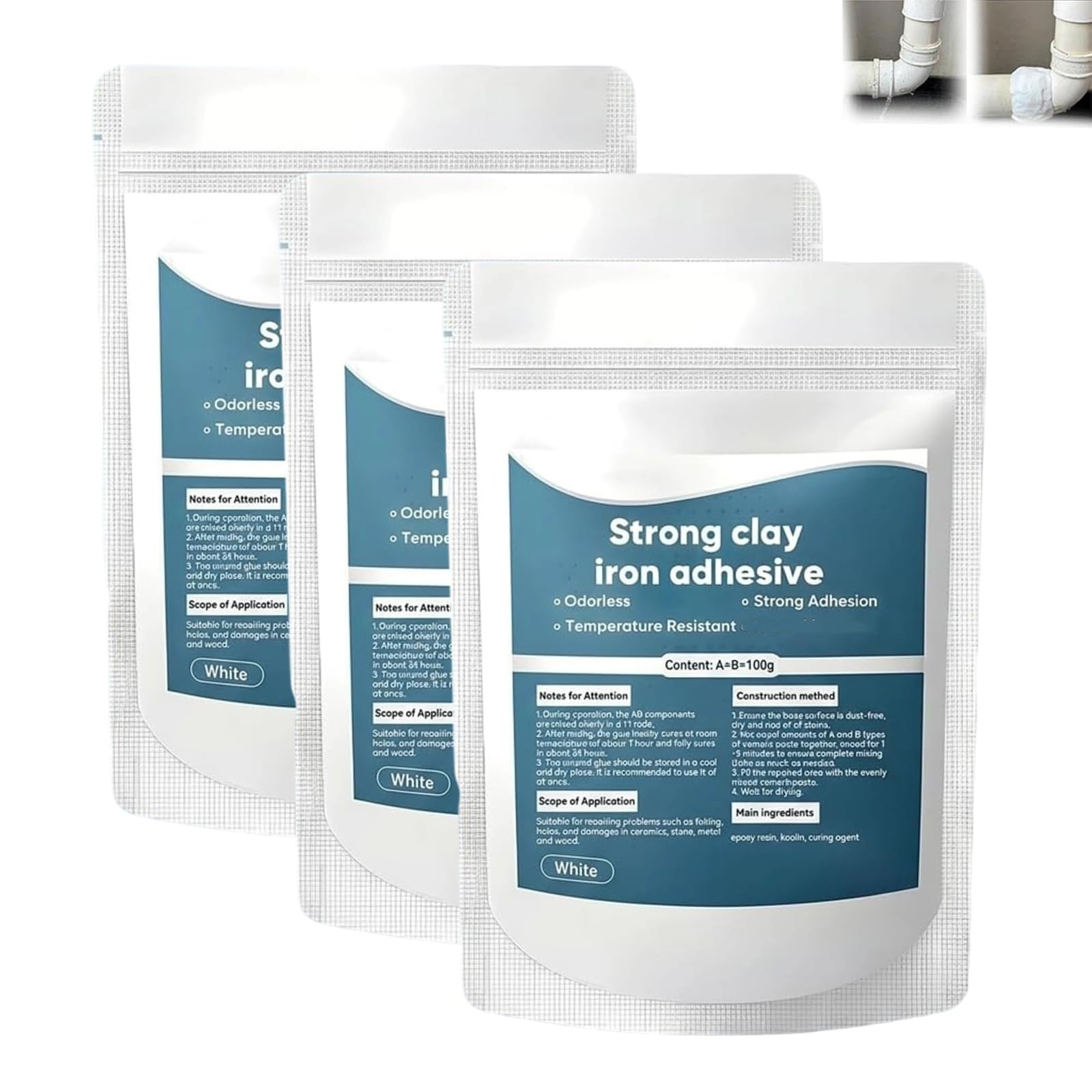 High-Strength Multi-purpose Repair Clay, Strong Clay Iron Adhesive, Steel Epoxy Putty Waterproof, Fast Repair Steel Reinforced Epoxy Putty for Bonding Plastic Metal Ceramic Wood Tile Glass (3PC)