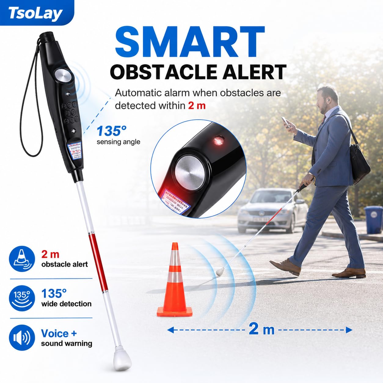 TsoLay Bastón Electrónico con Voz para Personas Ciegas, Bastón Telescópico Inteligente con Detección Obstáculos, Alerta por Voz, Mango Reflectante Y Recargable para Personas Ciegas O con Discapacidad