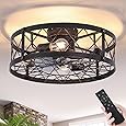 DWVO 18" Crystal Caged Ceiling Fans with Lights Enclosed Modern Ceiling Fan with Remote Control Reversible Industrial Fandelier Chandelier 3 Speeds,3 Color Temperatures for Bedroom, Indoor (Black)