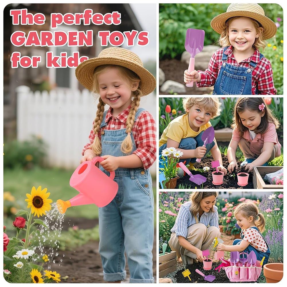 Ensemble D'Outils de Jardin pour Enfants Rose - Râteau en Métal, Pelle, Transplantoir, Arrosoir, Sac Fourre-Tout et Kit DIY Jouet D'Extérieur.