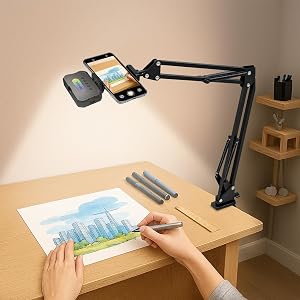 Adjustable Overhead Phone Mount with RGB Phone Light & 360° Arm - Universal Desk Clamp Stand for Most Smartphones for Live Streaming,Video Recording,Drawing,Cooking,Content Creation