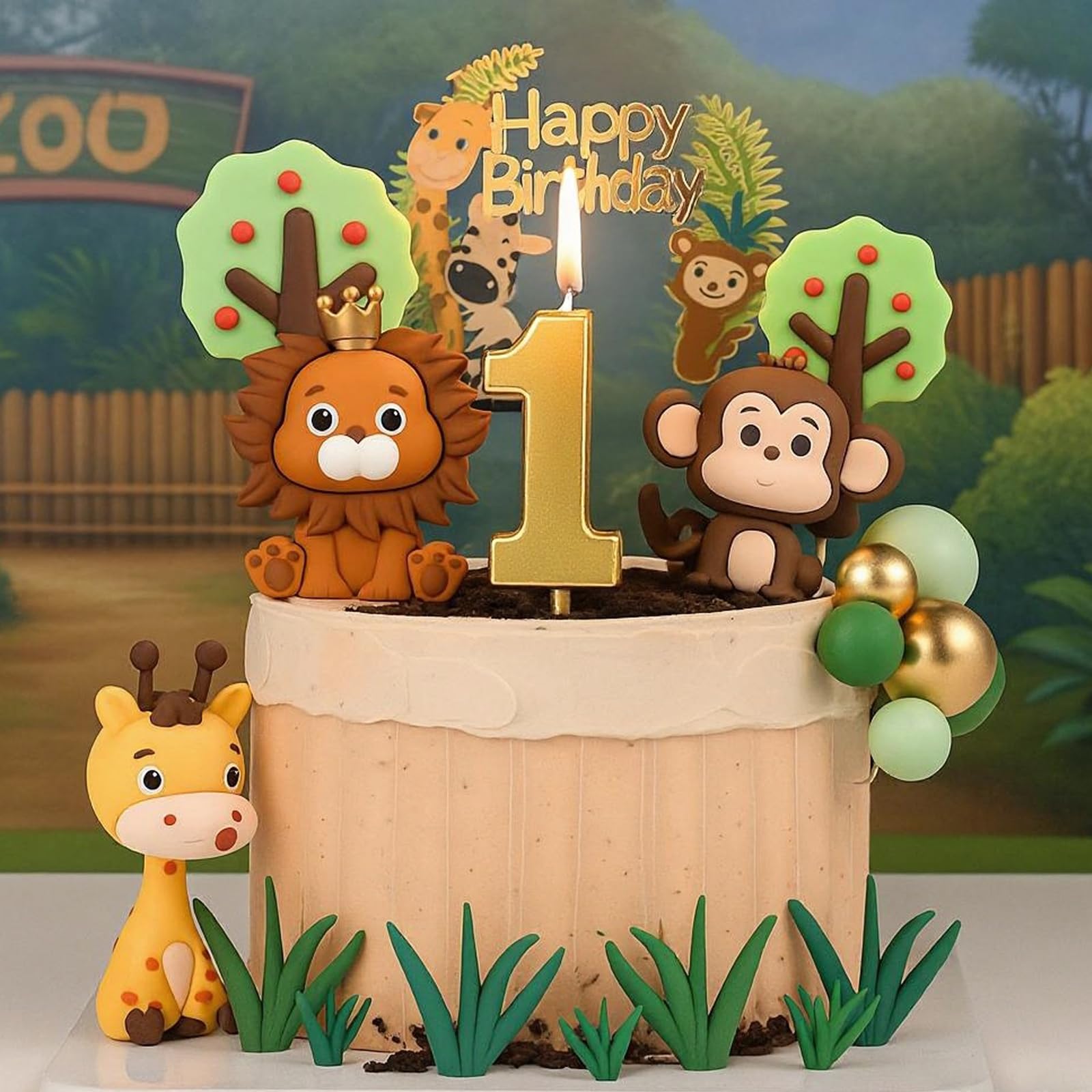 1st Birthday Safari Cake Toppers Set - 3D Lion, Monkey, Giraffe with Number 1 Candle, 8 Grass, Trees & Balls - 21PCS Jungle Animal Cake Decorations Kit for Boys Girls 1 Year Old Party (1st)