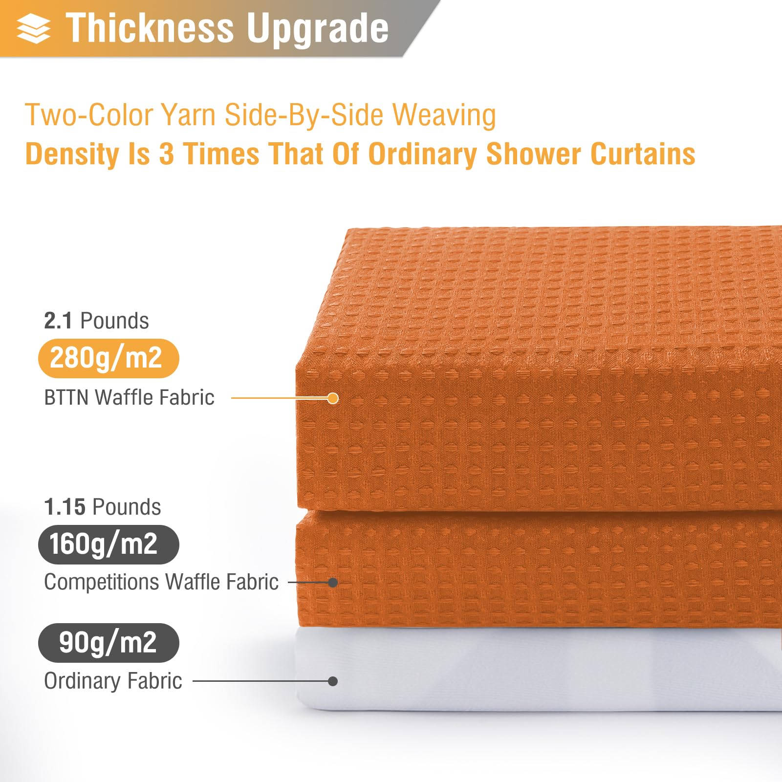 BTTN Burnt Orange Waffle Shower Curtain, Weighted Mould Proof Resistant Fabric Wet room Shower Curtains - Image 3