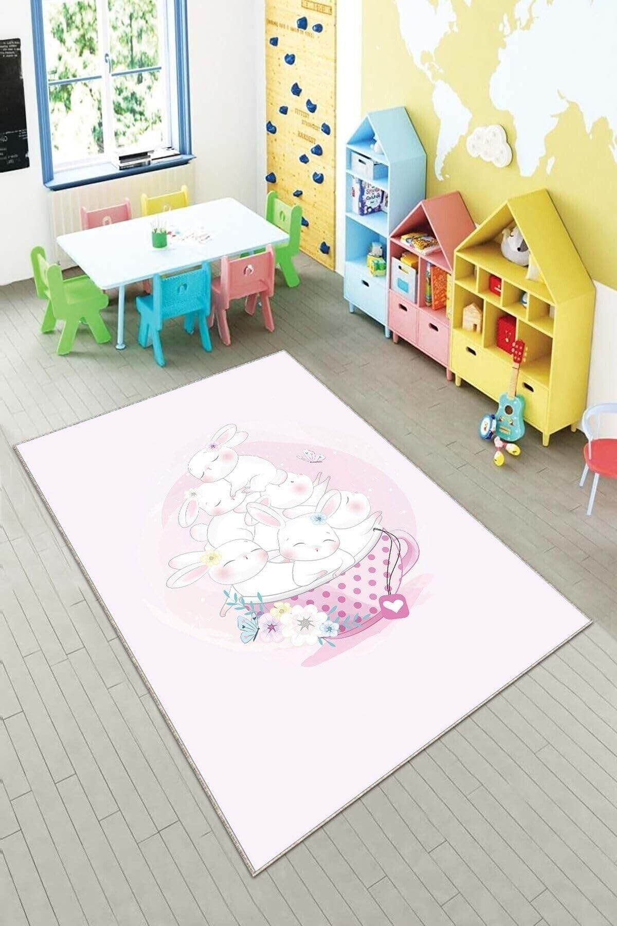 Pelangi Pudra Tavşan Desenli Yıkanabilir Kaymaz Taban Leke Tutmaz Bebek Ve Çocuk Odası Halısı, Pudra 80 x 500, 90135707780500