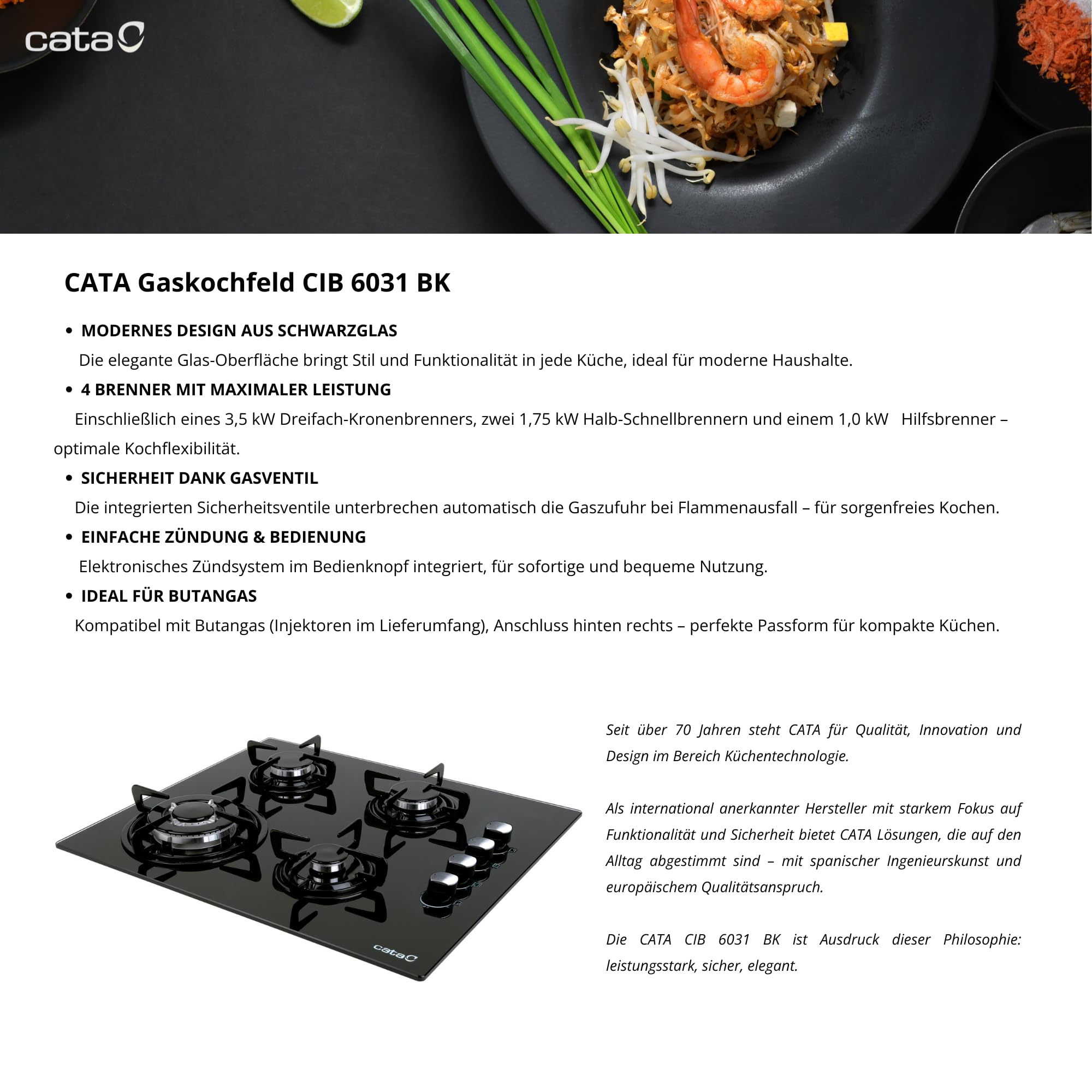 CATA CIB 6031 BK Plaque de cuisson au gaz 4 brûleurs 1 triple couronne Pour cuisinière à gaz naturel Largeur 59 cm Puissance totale de 8 Kw Tiges et brûleurs émaillés