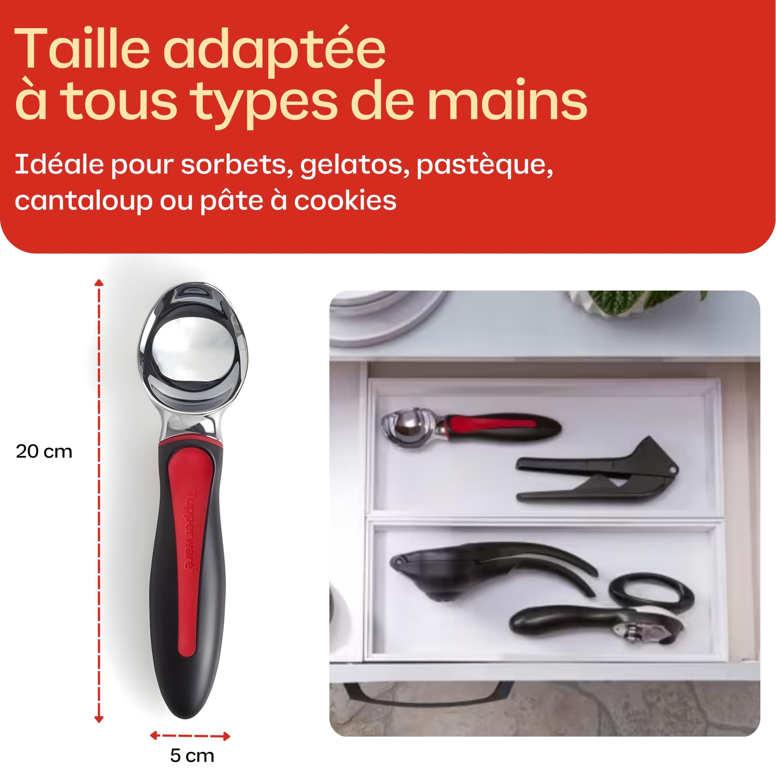 Tupperware Cuiller à Glace Boules Parfaites - Servir Sorbets Gelatos Desserts Glacés - Acier Inoxydable Revêtement Anti-Rouille - 20 cm - Cuisine Pratique Qualité Professionnelle Lavage Main