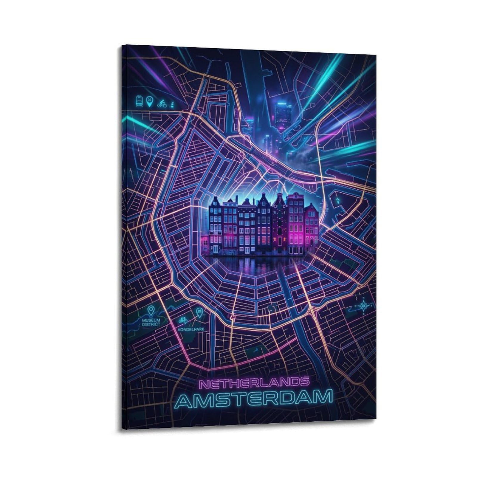 XKUGA Retro Cyber Amsterdam Canal Map Gaming Room Poster Modern Decorative Canvas Prints - Ideal Wall Art for Family, Man Cave, Game Room, Boys & Girls Bedroom 20x30inch(50x75cm)