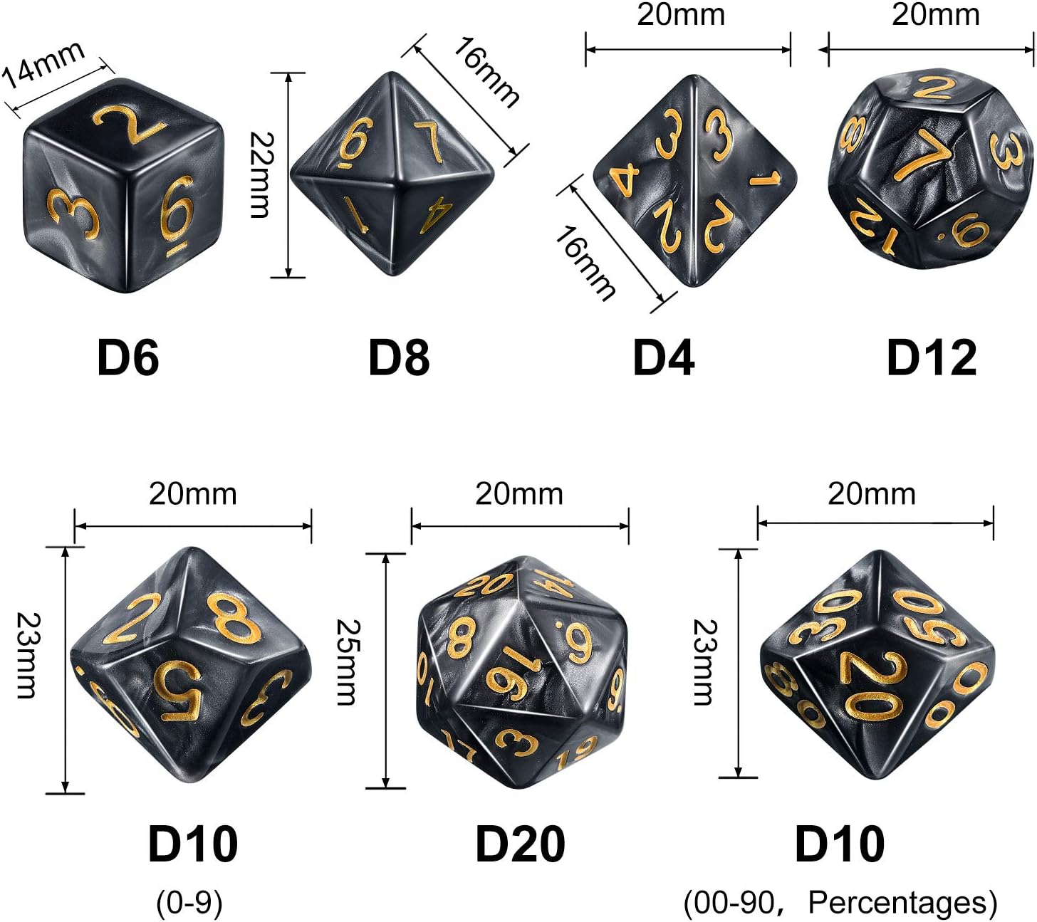 EBOOT Polyhedral 7-Die Dice Set for Dungeons and Dragons with Black Pouch (Black Gray)