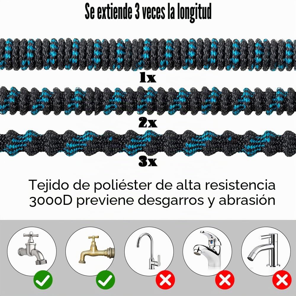 Manguera de jardín flexible de 15 m / 50 pies, manguera de agua flexible con conexiones de latón macizo de 3/4 pulgadas y 1/2 pulgadas, manguera flexible ligera con 10 modos para exteriores