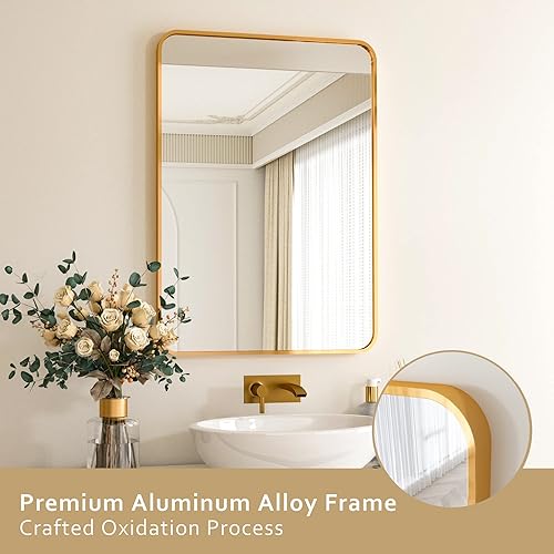 Miniatura 4 de HARRITPURE Espejo de baño redondeado de 20 x 28 pulgadas, espejo de pared rectangular con marco de aleación de aluminio, espejo colgante