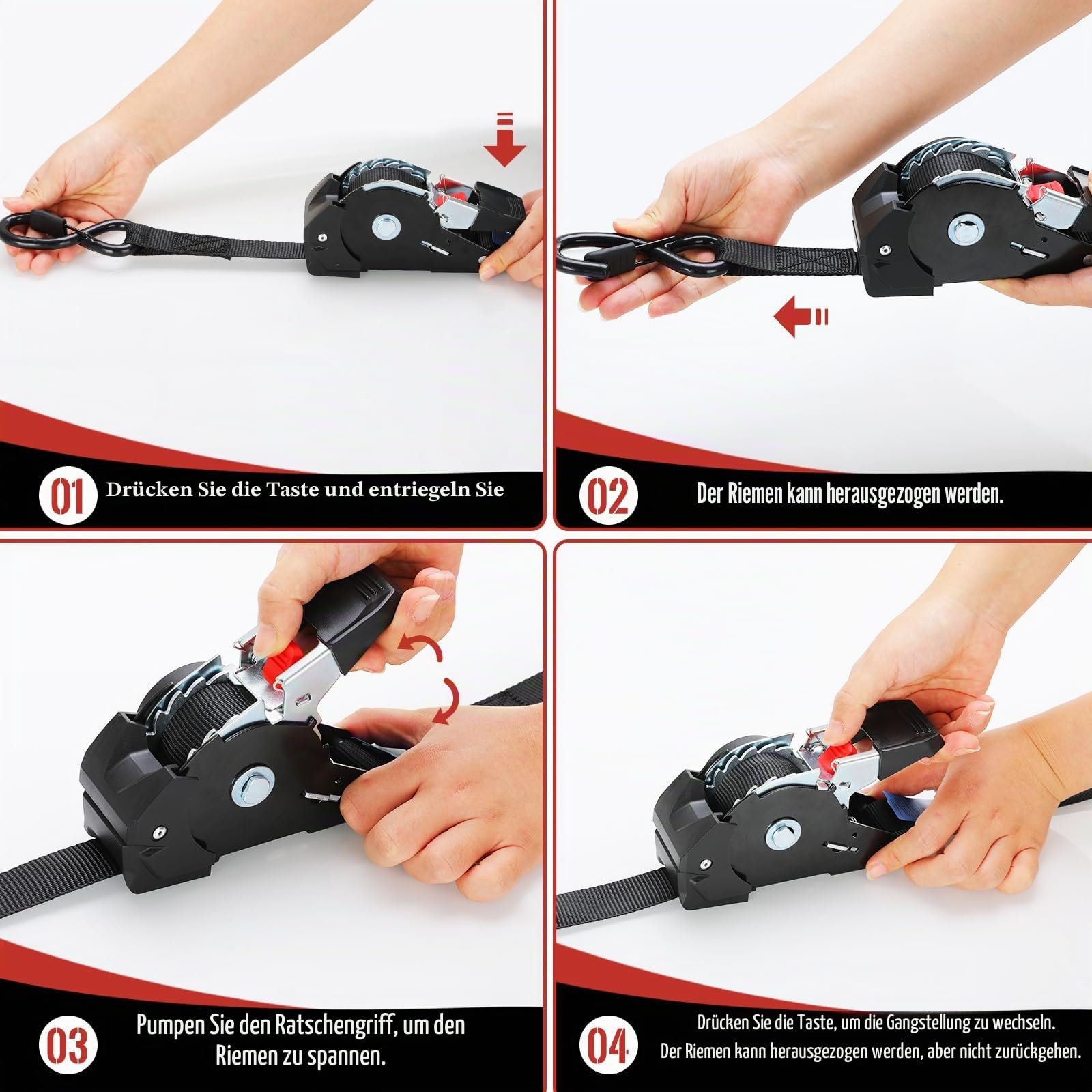 Automatik Spanngurt, 3 m x 25mm, 300 daN | 748 kg Bruchlast, 8 Stück | Selbstaufrollende Spanngurte, Ratschengurt mit S Haken, Zurrgurt für Anhänger, Motorrad, Fahrrad Mehr, Schwarz