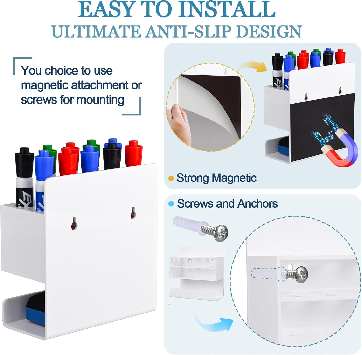 2 Pcs White Dry Erase Marker Holder, 2 Sets Wall Mounted Marker Holder with 10 Slots & Eraser Holder, Acrylic Marker Holder Magnetic for Whiteboard, Office, School, Classroom, Home (2)