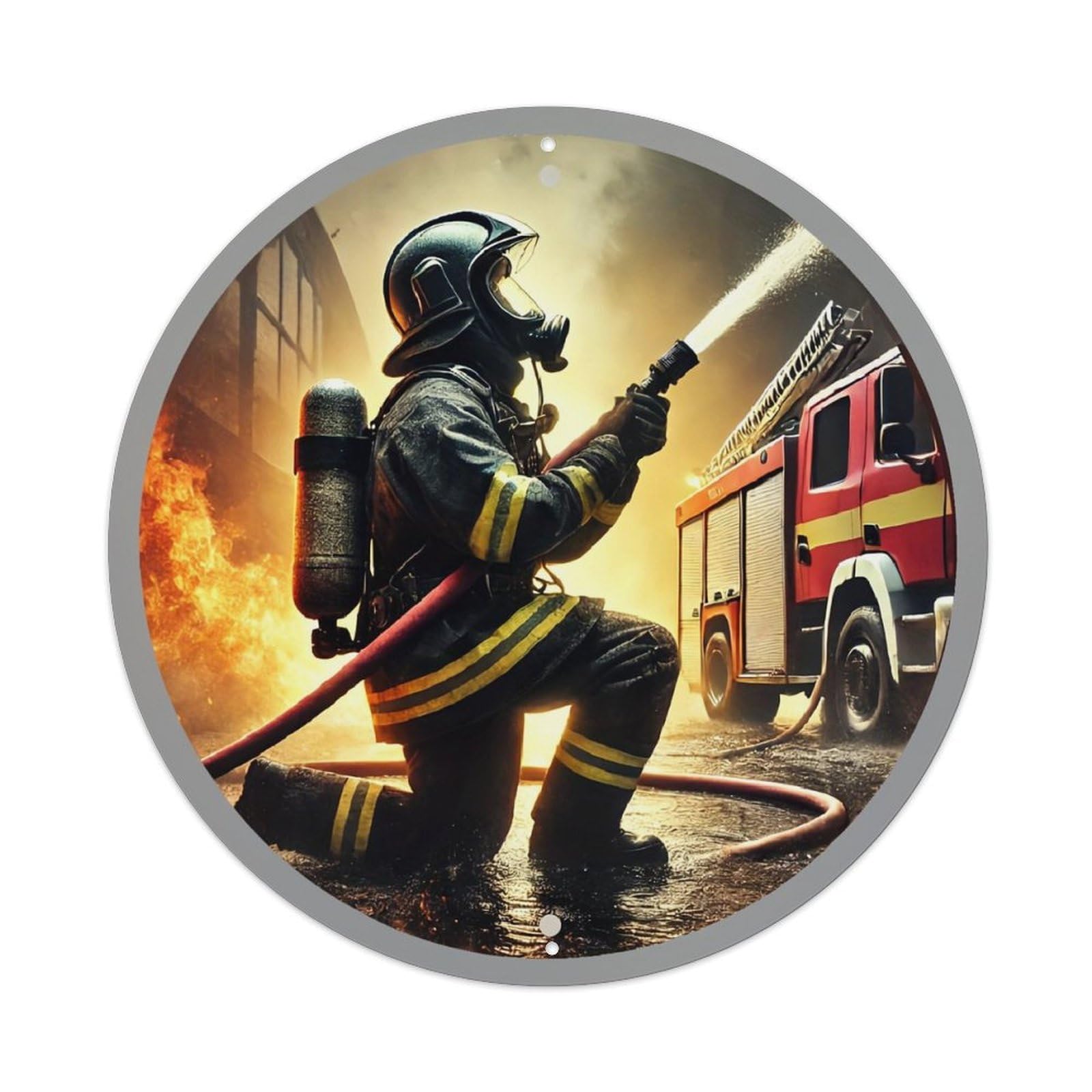 Firefighter In Action With Hose Vintage Round Tin Sign Retro Metal Wall Decor Metal Poster, Home Bar Garage Cafe Wall Art Decoration 8x8Inches