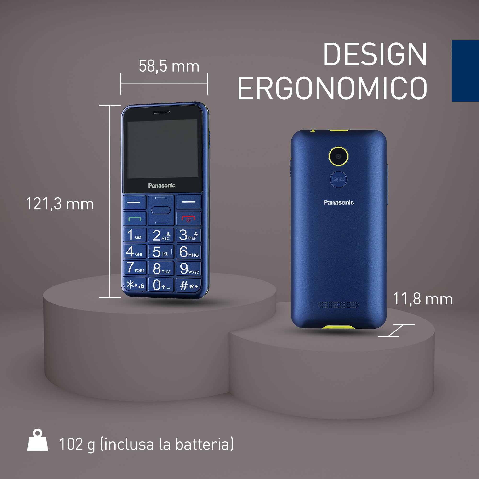 Panasonic KX-TU155EXCN Cellulare per Anziani, Pulsante SOS, Pulsanti Grandi, Compatibile Apparecchi Acustici, Bluetooth, Radio FM, Fotocamera, Base di Ricarica, Blu