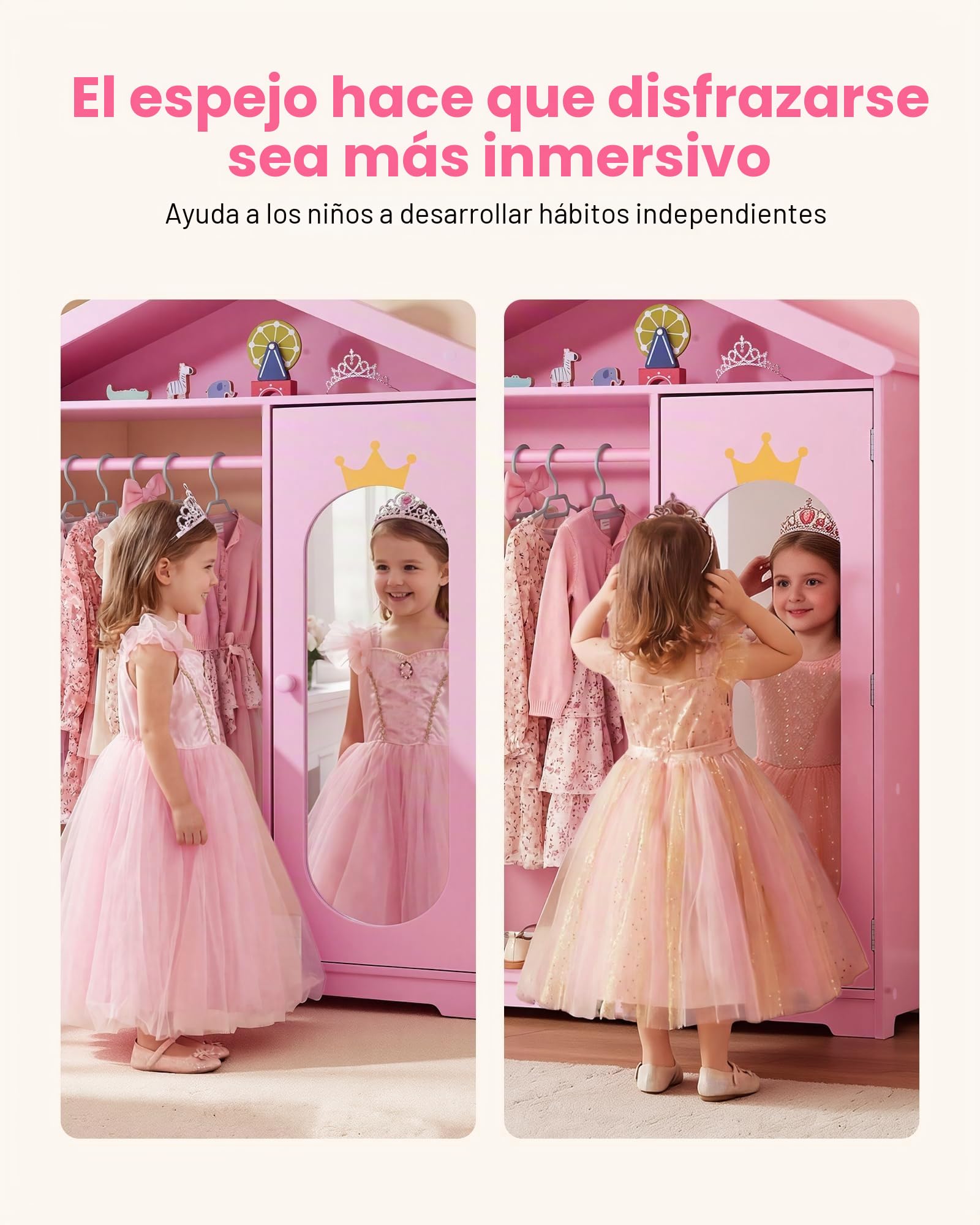 VEVOR Armario de Disfraces para Niños con Espejo, Perchero Infantil con Estantes, Mueble de Madera Estilo Cuento de Hadas para Dormitorio, Juegos, Organizador de Ropa con Barra y Compartimentos, Rosa
