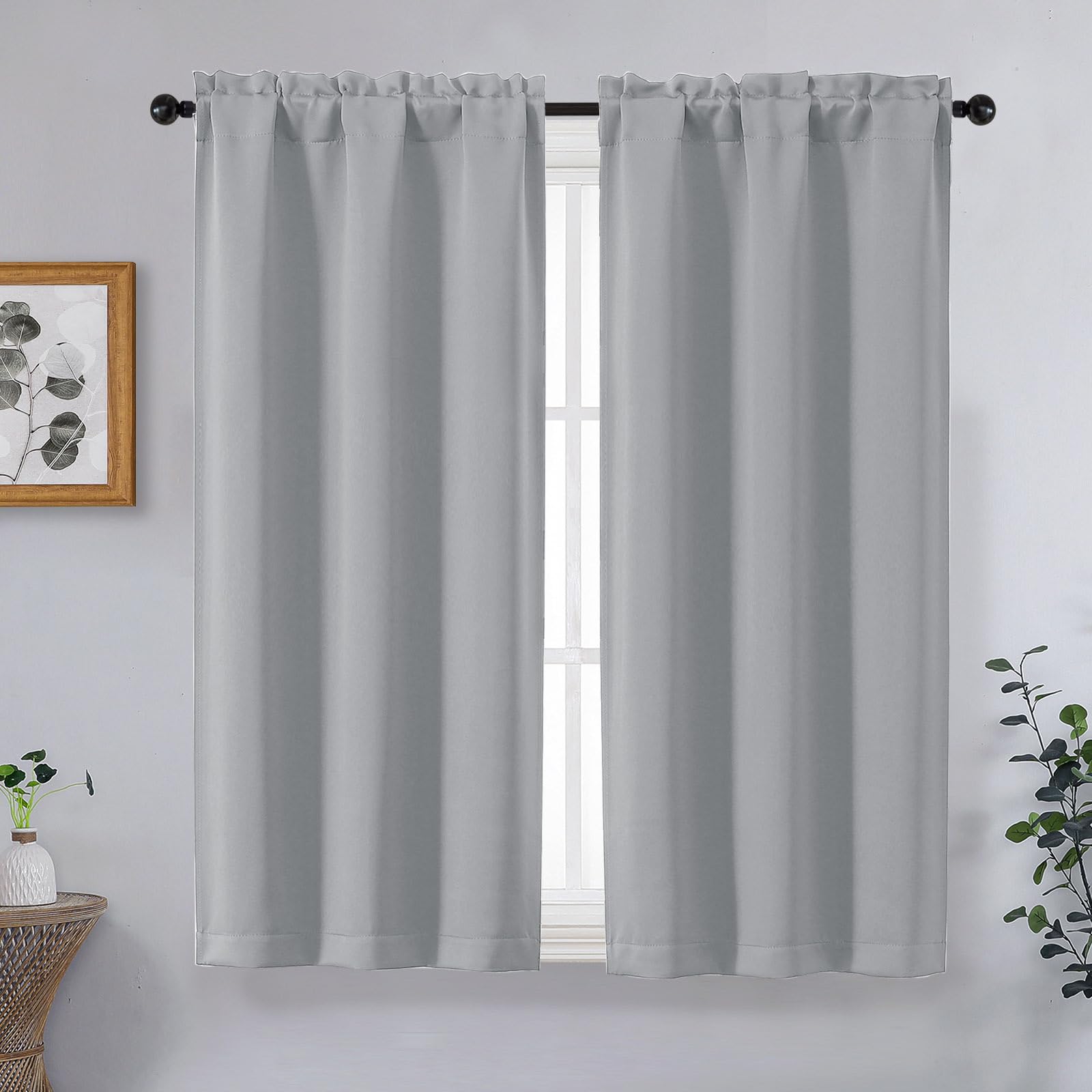 OVZME Silver Grey Short Blackout Curtains for Bedroom 45 Inches Long 2 Panels, Solid Thermal Insulated Blackout Curtains, Energy Saving Soft Fabric Window Drapes, Dual Rod Pocket, 2x40Wx45L Inches