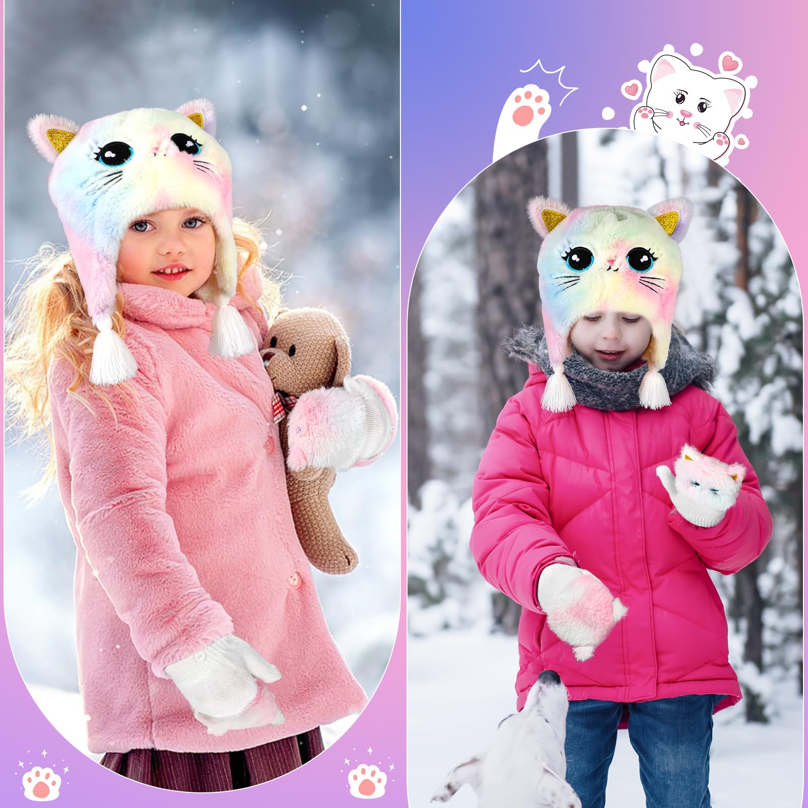 Chat Ensemble Bonnet et Gants Fille, 3PCS Bonnet Chat et Mitaine Enfant Filles de 3 à 10 ans, Bonnet Enfant Hiver Fille et Gants, Ensemble et Mitaines Bonnet Oreille de Chat Accessoires Chaud D'hiver