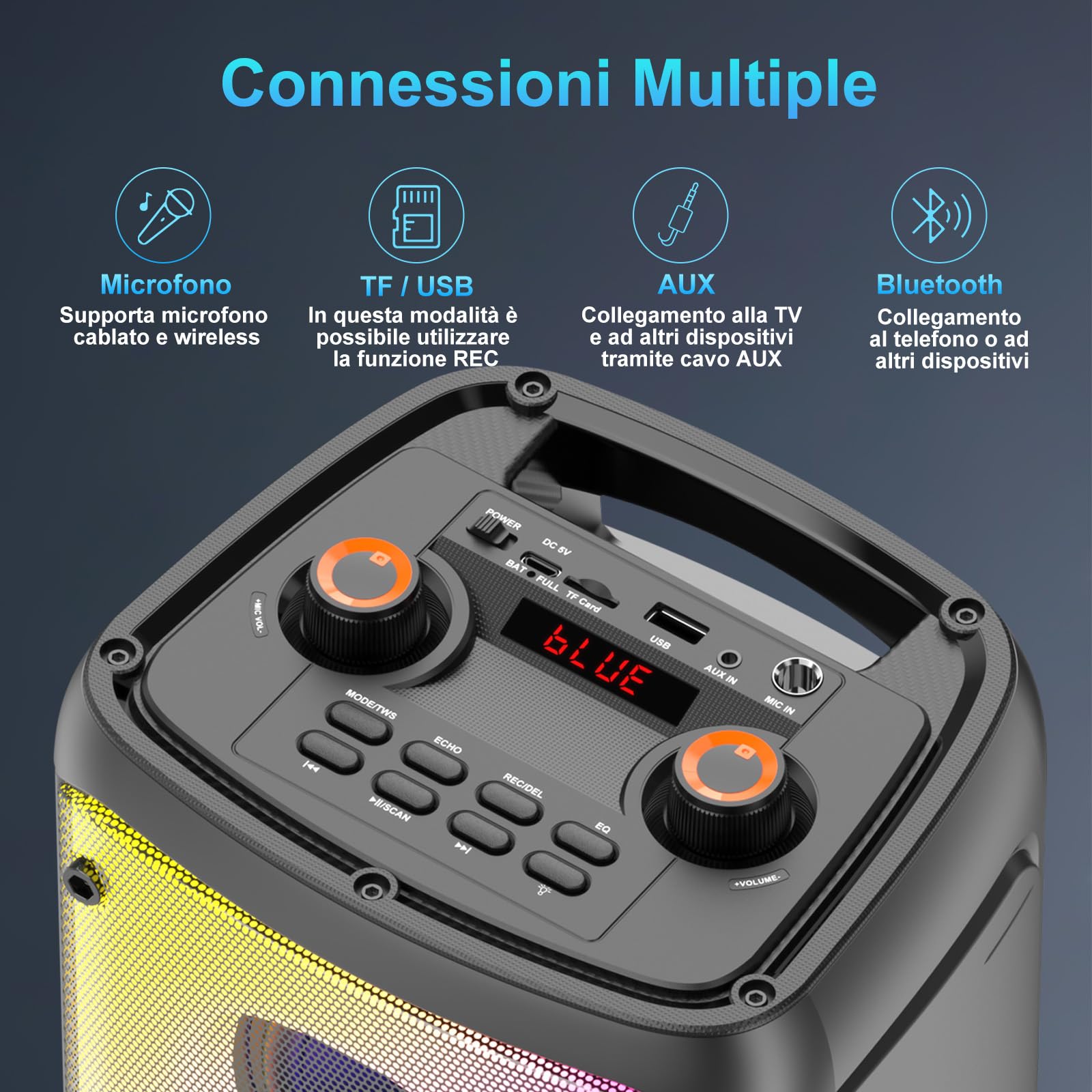 Altoparlante Bluetooth, altoparlanti da esterno con potenza di picco 80 W, altoparlanti wireless Bluetooth portatili per feste con subwoofer, luci LED colorate per la casa e il campeggio