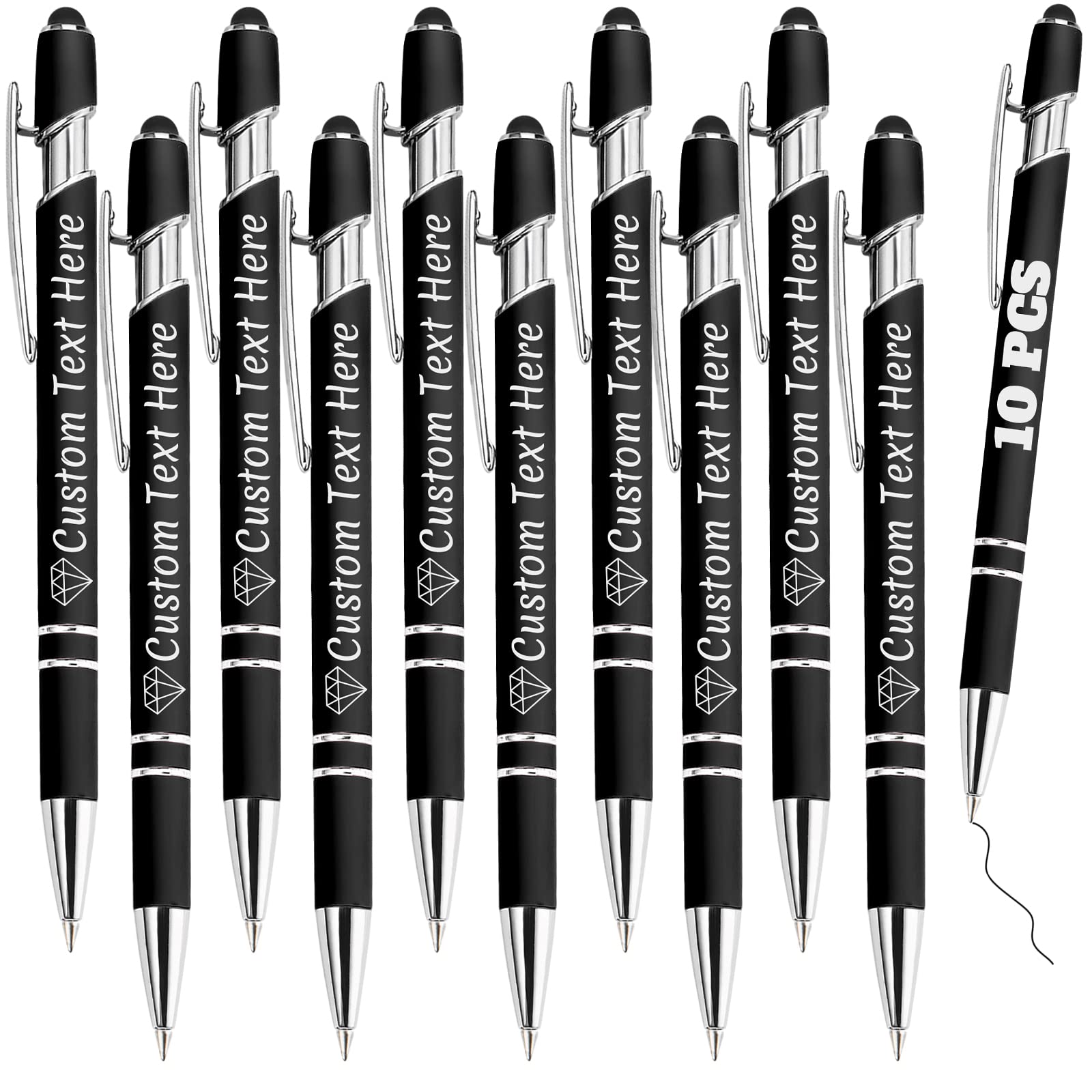 ABIsedrin Personalised Pens Bulk 10 with Name Custom Engraving Ballpoint Pens with Stylus Tip Customised Smooth Writing Pens Personalised Gifts for Anniversary Birthday or Graduation(Black,Black Ink) — image 1