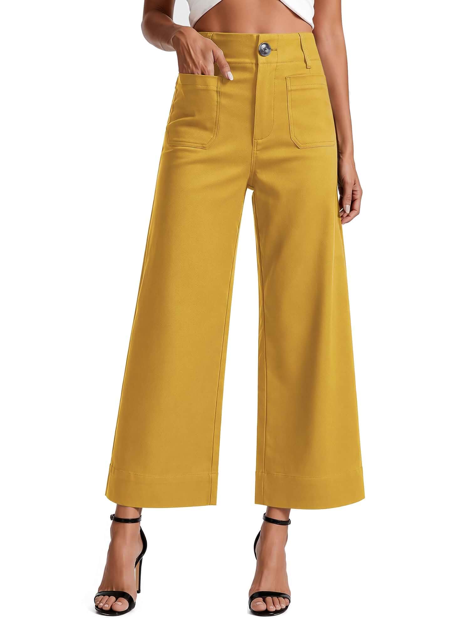 Women's High Waisted Cropped Wide Leg Pants with Pockets Stretch Straight Leg Trousers,Casual Capri Pants,Business Casual Work Pants for Office and Everyday Wear