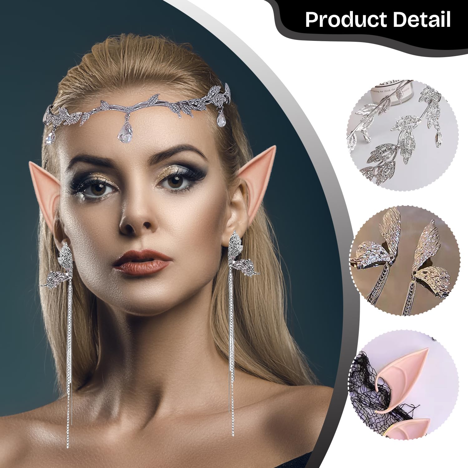 GAZIL Set of 3 Crystal Princess Elven Headpiece with Large Elf Ears Adult & Silver Angel Wing Earrings - Image 3