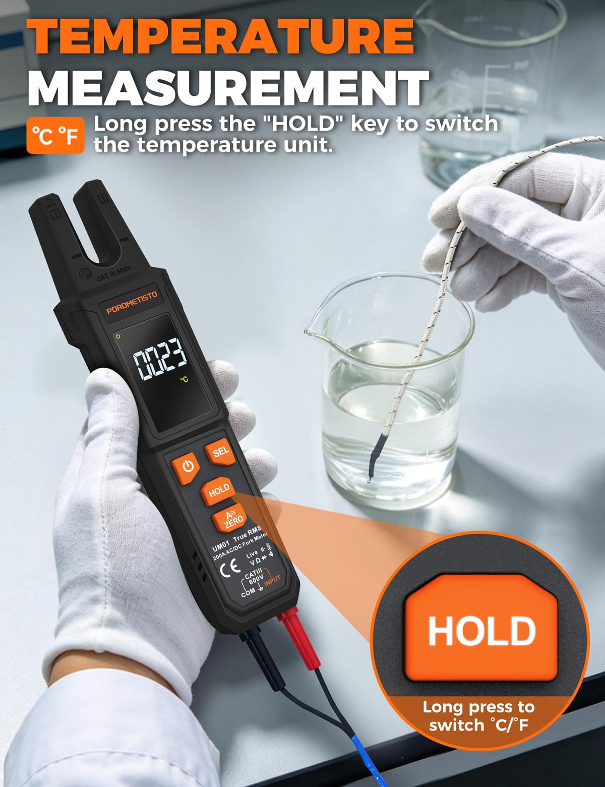 Pinza Amperometrica Professionale UM01 Morso a U POROMETISTO 4000 TRMS | Milliampere Multimetro Digitale Autorange, Auto-ID AC/DC, NCV, Live, Resistenza, Capacità, Temperatura, 1000V Tester