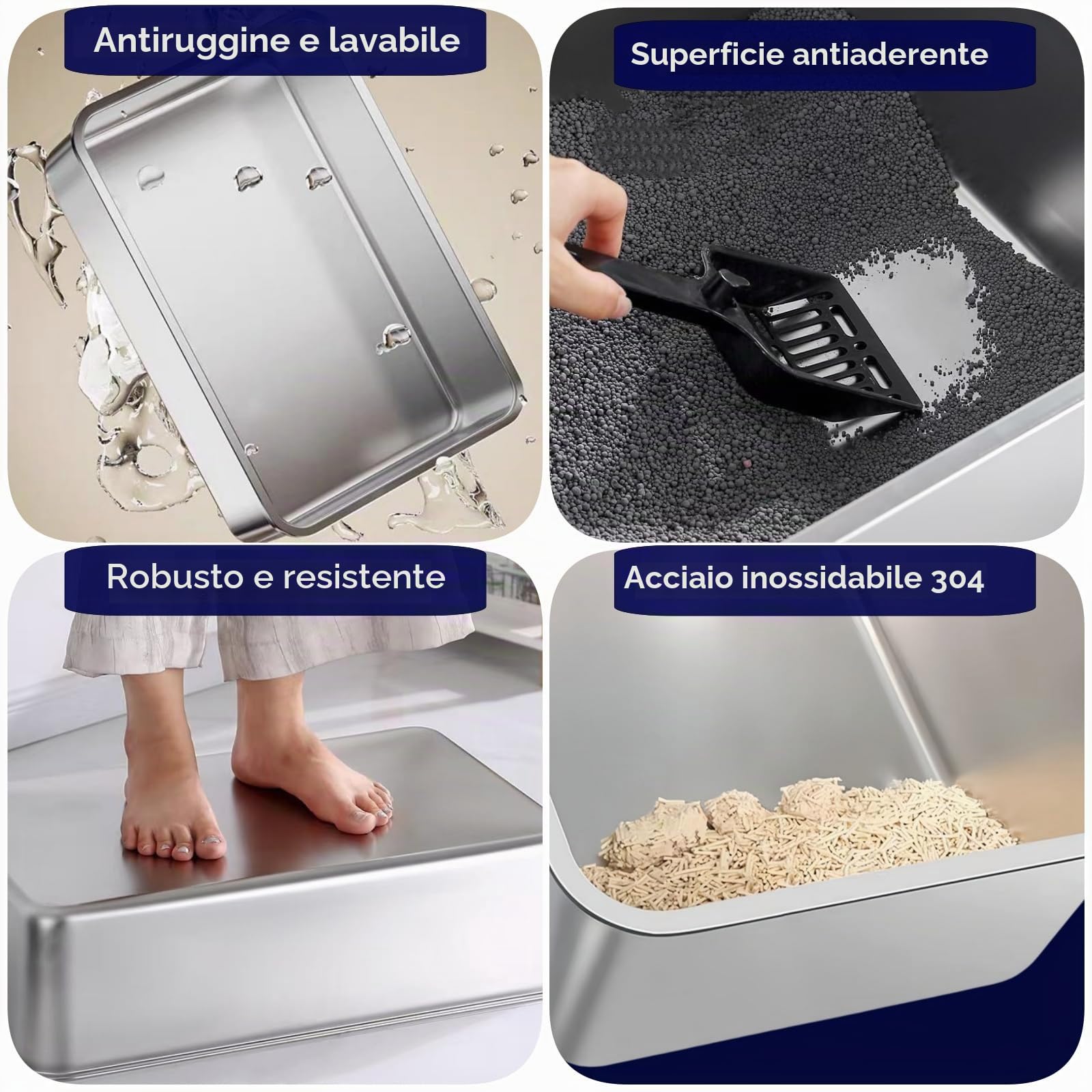 Confezione da 2 scatole per lettiera per gatti in acciaio inossidabile con lati alti - Vassoio per gatti in metallo, grande vassoio per lettiera interna, non assorbe mai gli odori, accessori