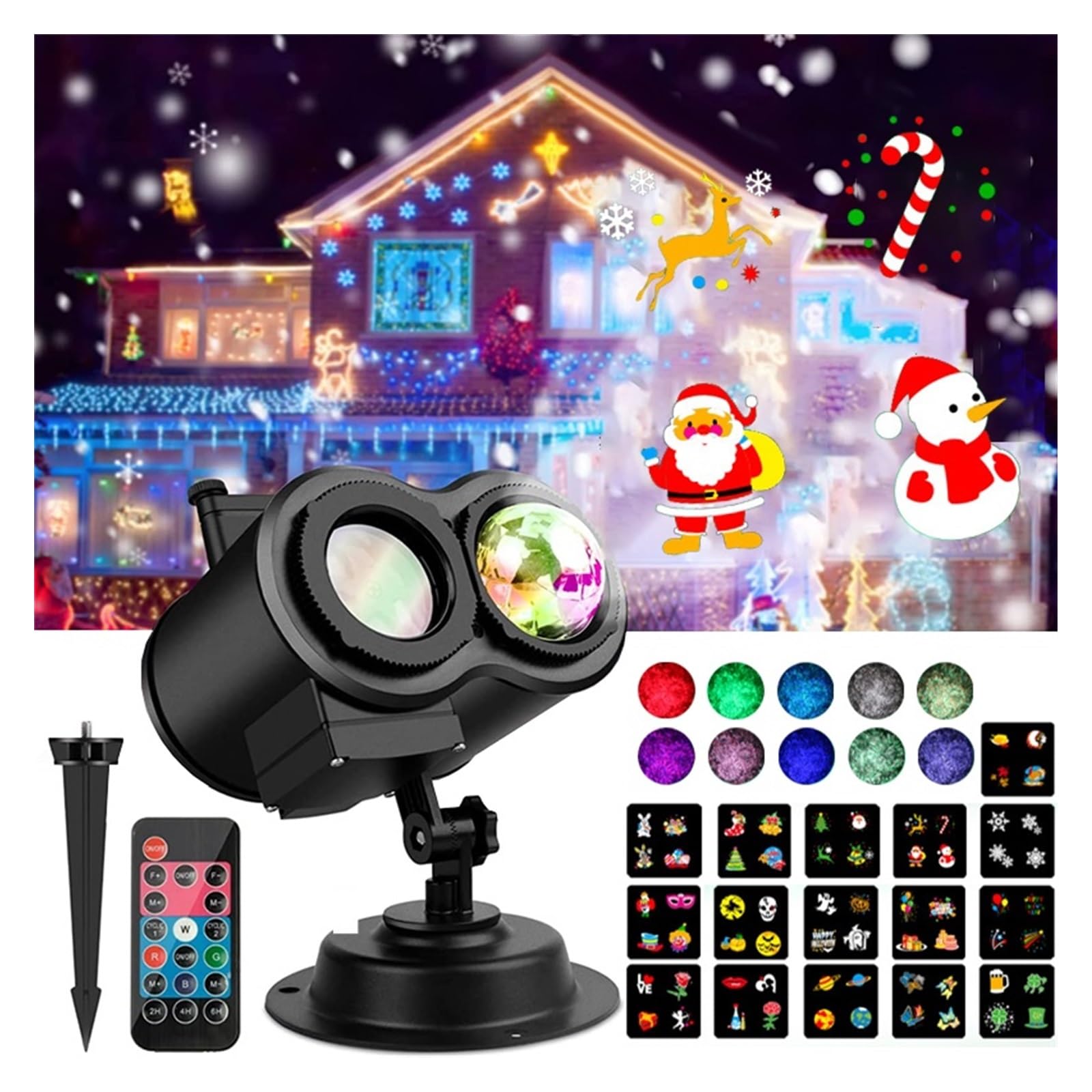 Projecteur Noel Exterieur, Projecteur LED de noël avec télécommande, étanche, Lampe de Paysage d'extérieur, Halloween, décoration de Jardin, fête de noël, Vacances(16 Patterns)