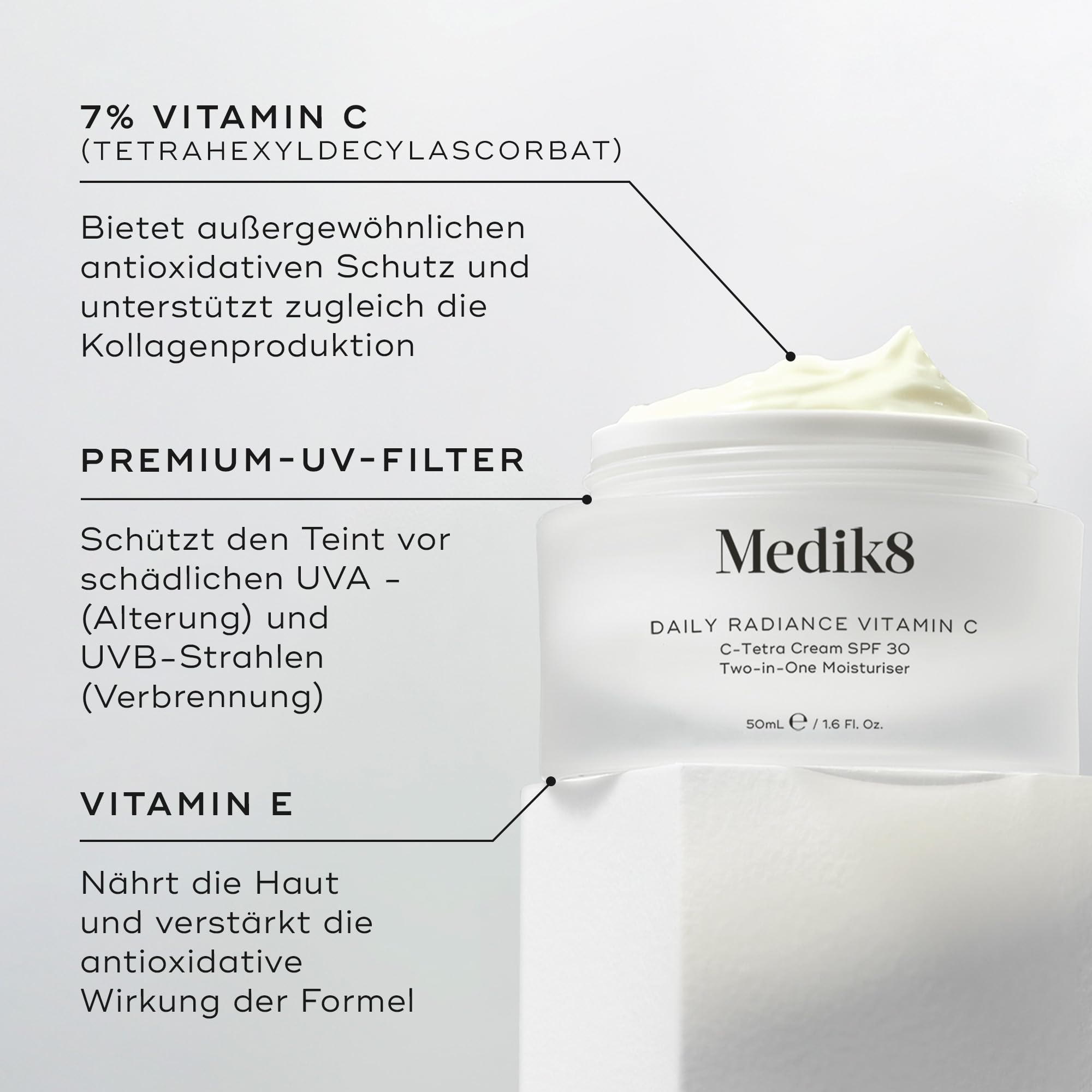 Medik8 Daily Radiance Vitamin C, 2-in-1 LSF & Feuchtigkeitscreme - 50 ml | C-Tetra 7% Vitamin-C-Creme mit LSF 30; 2-in-1-Feuchtigkeitspflege für mehr Schutz; belebt und schützt jeden Morgen