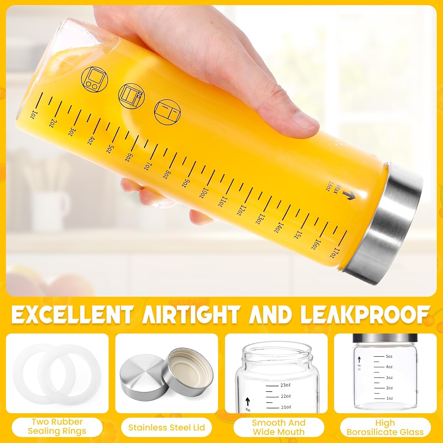 Glass Juice Bottles with Lids, 25 Oz Wide Mouth Glass Water Bottles, for Juicing, Protein, Smoothie, Milk, BPA Free, Stainless Steel Lids, Shaker Bottles (25 Oz / 4 Pack) - Image 3