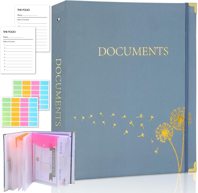 XKDOUS Important Document Organizer with 9 Pockets, Aesthetic Folio Folders 3-Ring Accordion Storage Binders Linen Expanding File Folder for A4 Papers, Documents and Files