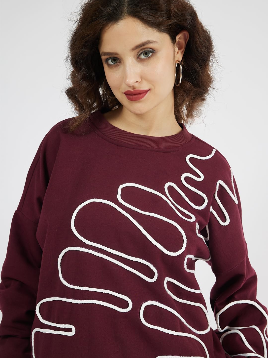 Athena Lifestyle Women and Girls Cotton Regular Long Sleeves Self Design Round Neck Ribbed Knitted Maroon Casual Sweatshirt 3