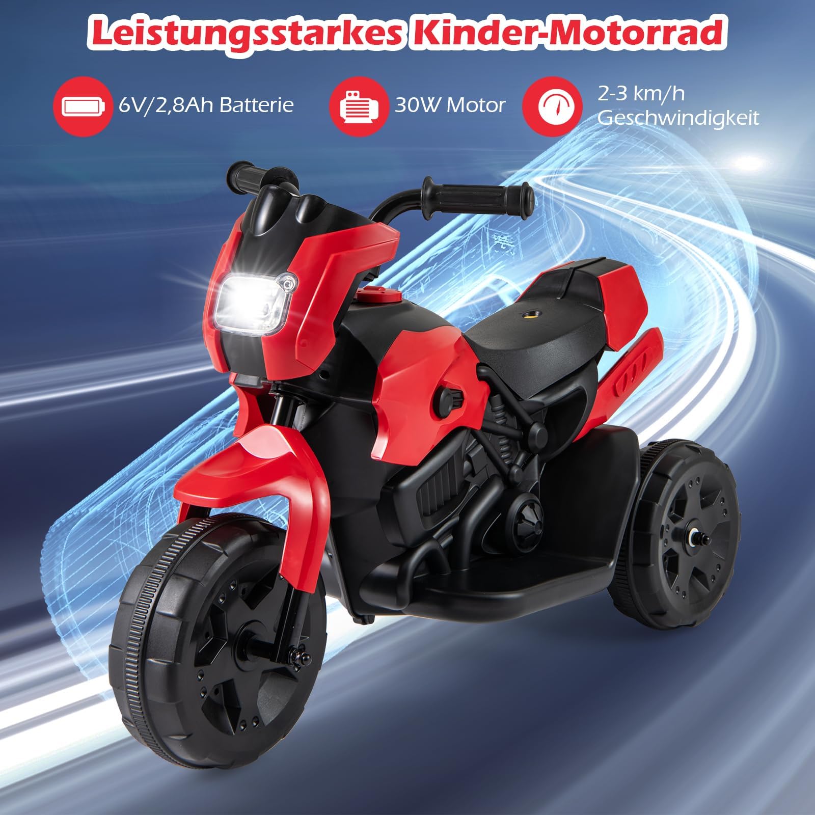 COSTWAY Elektryczny motocykl dziecięcy, 6 V, elektryczny z reflektorem LED i pedałem, 2-3 km/h, trójkołowy motocykl elektryczny dla chłopców i dziewczynek od 3 lat (czerwony)