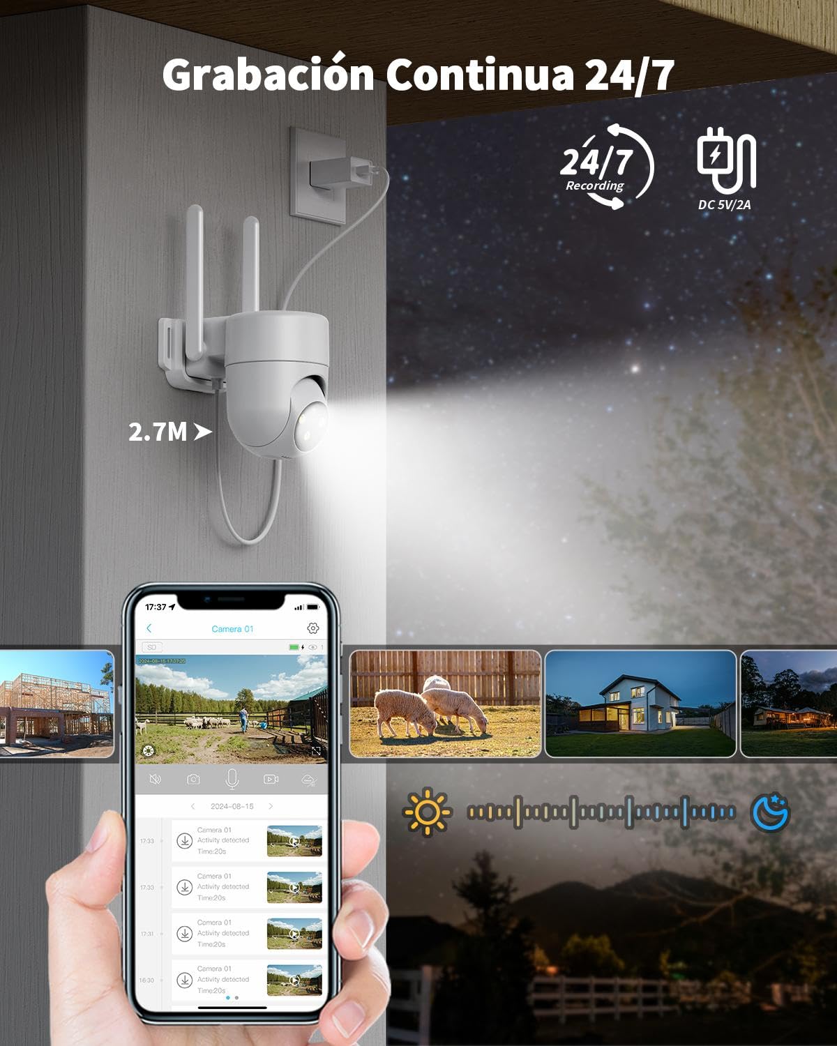 4G LTE Cámara Vigilancia Exterior con Tarjeta SIM, 360° PTZ Cámara Grabación 24/7 con Detección Humana AI e Visión Nocturna Colorida, Audio Bidireccional, Impermeable IP66