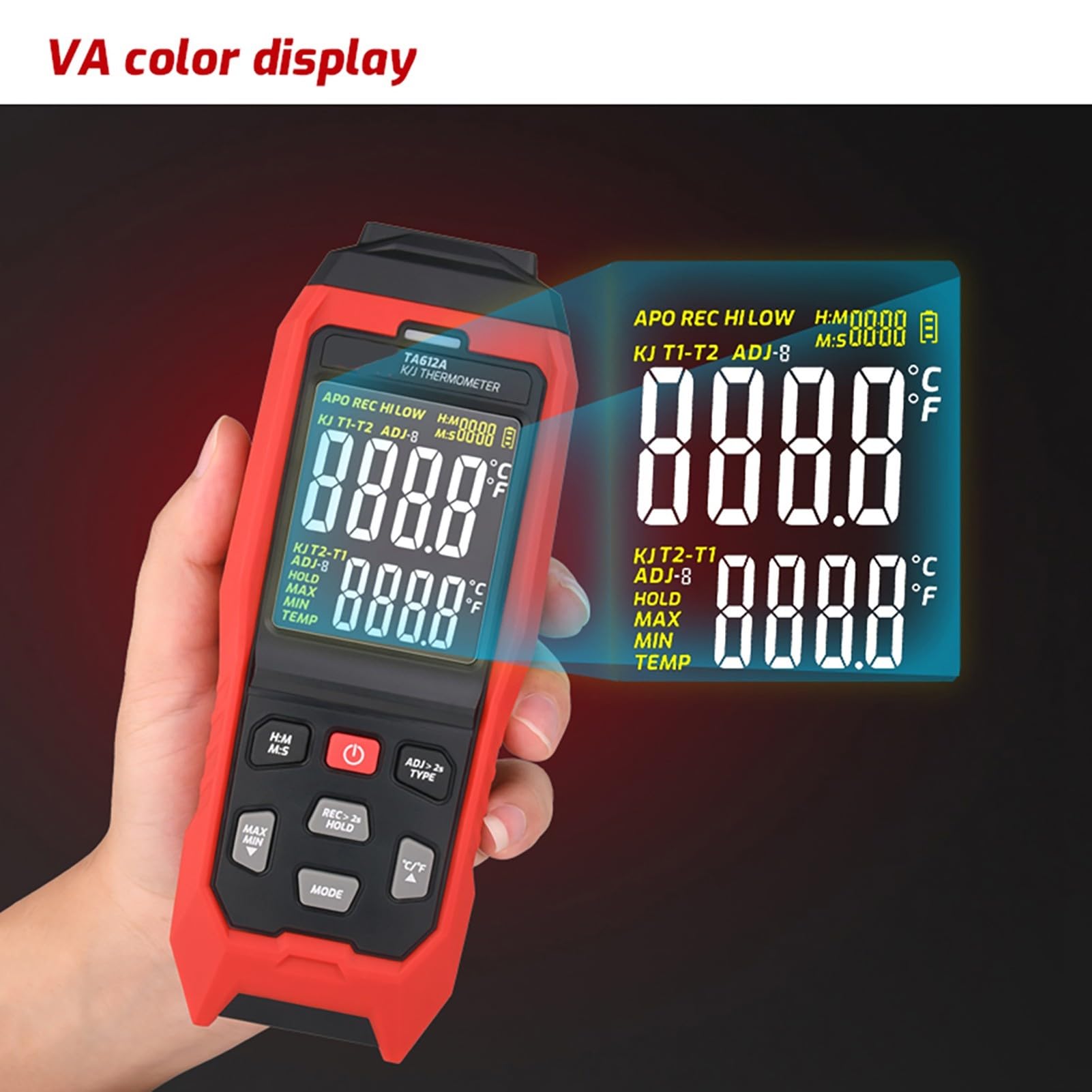 TA612A Digitales Thermometer K/J Typ mit USB-C, Temperaturmesser -200 bis 1372°C, Datenlogger für 9999 Werte, Alarmfunktion, tragbar für Industrie und Labor