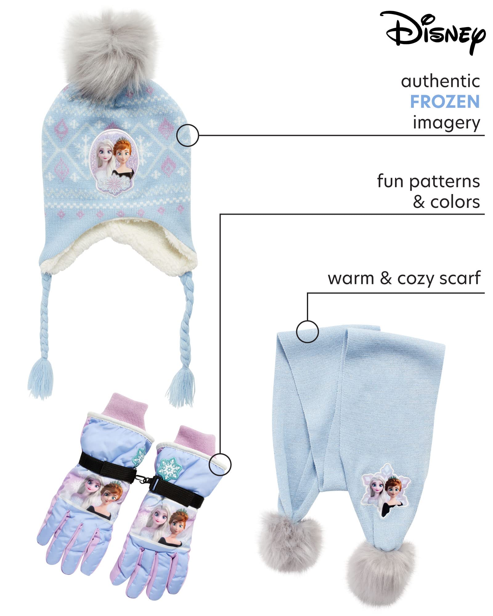 Disney Isoliertes Schneehandschuh-Set für Mädchen – Minnie Maus oder Frozen Wintermütze, Schal und Fäustlinge oder Handschuhe (Kleinkind/kleines Kind)