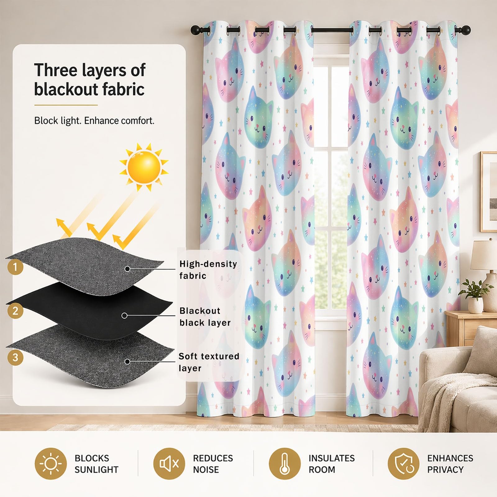 Cortina opaca con diseño de dibujos animados de ensueño con diseño de gato y lunares, arco iris, reducción de ruido, cortinas opacas con ojales, para salón, dormitorio, habitación infantil, decoración