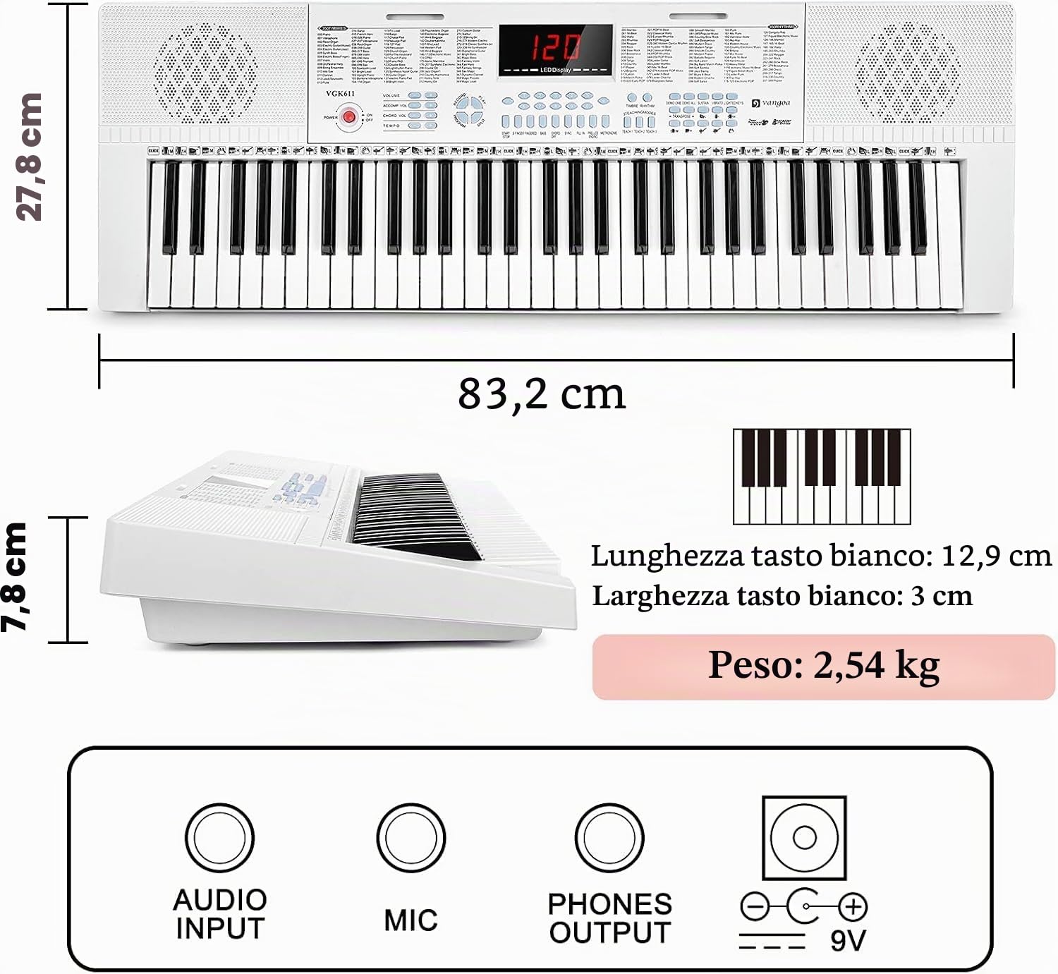 Vangoa tastiera pianola 61 mini tasti luminosi Tastiera per pianoforte elettronico con microfono, 3 modalità di insegnamento, 350 toni, 350 ritmi, 30 demo, bianco