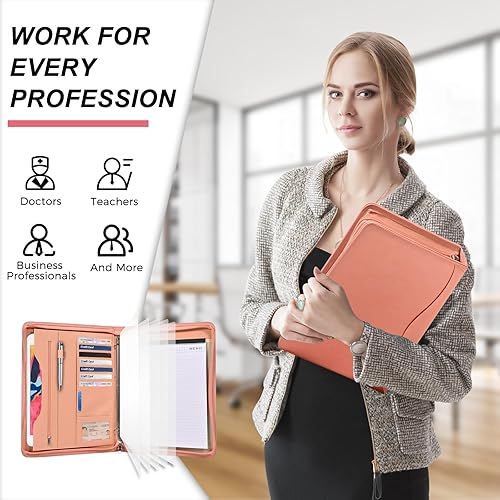 Miniatura 6 de Deziliao Folio organizador de documentos marrón, cartera de negocios de piel sintética de 10.4 pulgadas con cremallera, planificador de negocios,