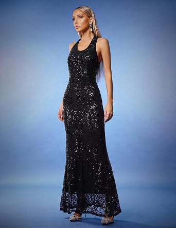BELLA BARNETT Black Halter Neck Mermaid Hem Maxi Evening Sequin Dress Sleeveless Backless Versatile Lace Dress for Party