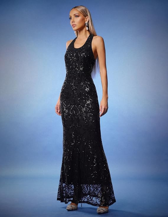 BELLA BARNETT Black Halter Neck Mermaid Hem Maxi Evening Sequin Dress Sleeveless Backless Versatile Lace Dress for Party