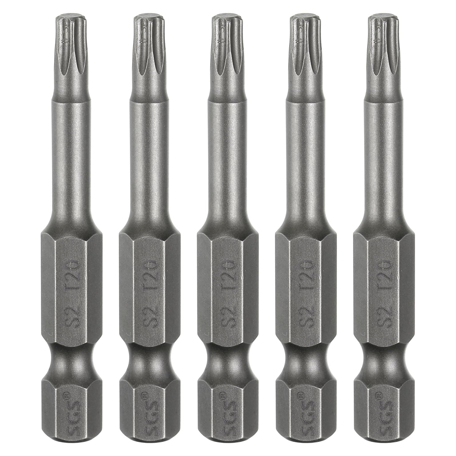 sourcing map 5pcs T20 Torx Head Screwdriver Bit 1/4" Hex Shank 2" (50mm) Long Magnetic No Hole Tip Tamper Proof 6 Point Star Screw Driver Drill Bits S2 Steel Industrial Power Screwdrivers โ image 1