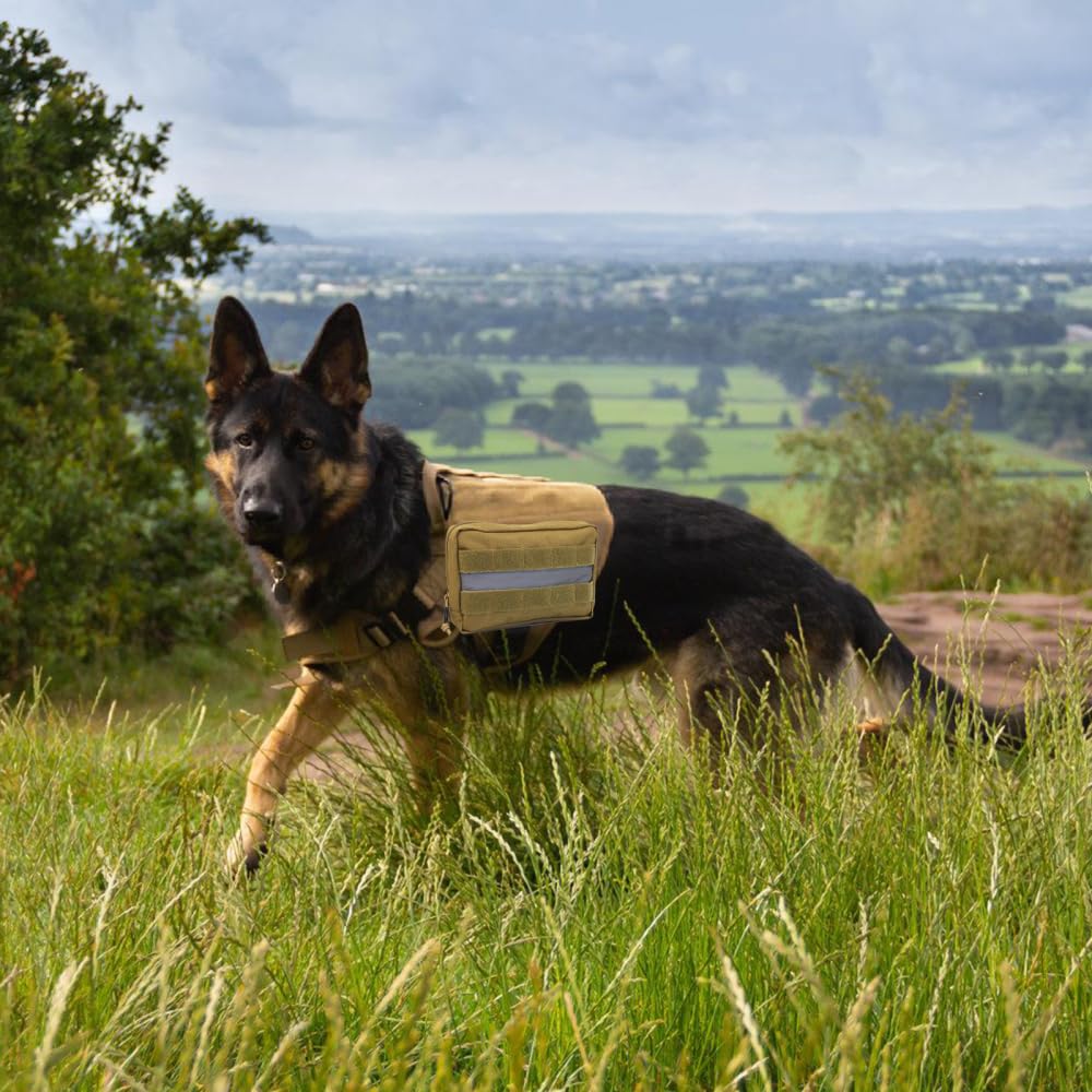 DONGKER Borsa da Sella per Cani Tattica, Zaino per Imbracatura Cane Molle in Nylon 1000D con Striscia Riflettente, Borse per Gilet Animali per Trasporto Dolcetti, Giocattoli e Altri Oggetti