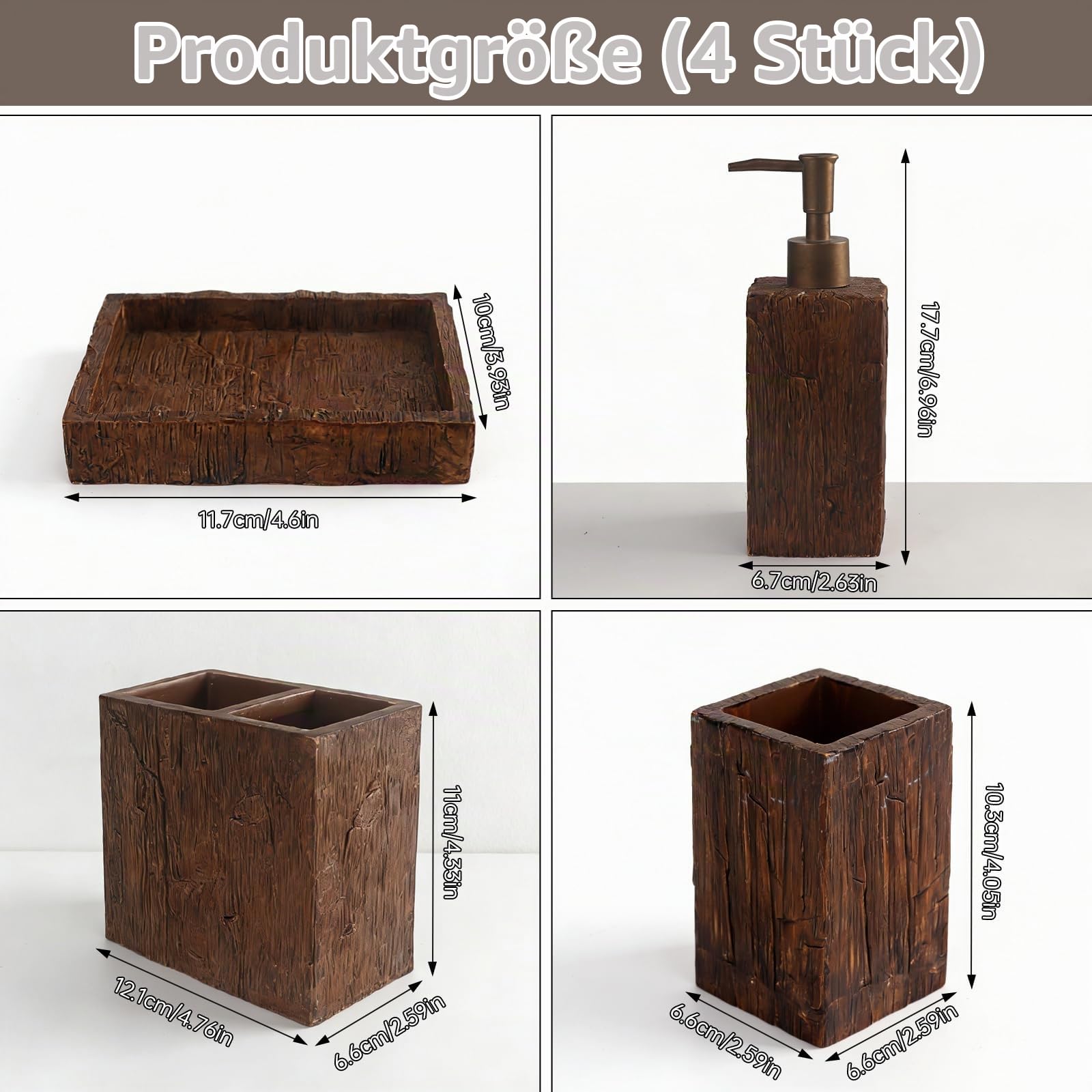 4-teiliges Vintage Badezimmer-Set, Badaccessoires mit Retro Alt-Holz-Optik, Seifenspender Zahnputzbecher Seifenschale Aufbewahrungsbox, Holzoptik Bad Deko
