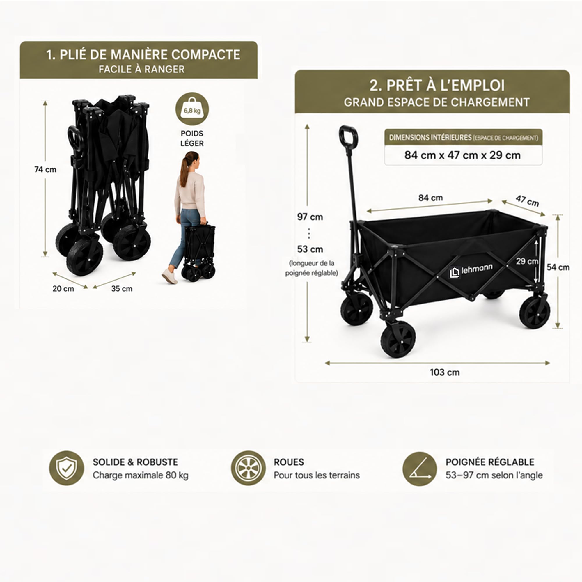 Lehmann MOBI 110L Chariot Pliable – Chariot de Transport Pliable Jusqu’à 80 kg, Chariot à roulettes 4 Roues 360°, Chariot de Plage Pliable, Chariot de Courses Pliable