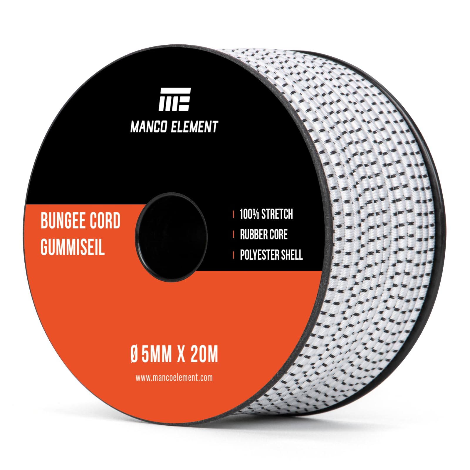 Manco Element Bungee Cord 5mm x 20m Elastic Cord Shock Cord - White/Black