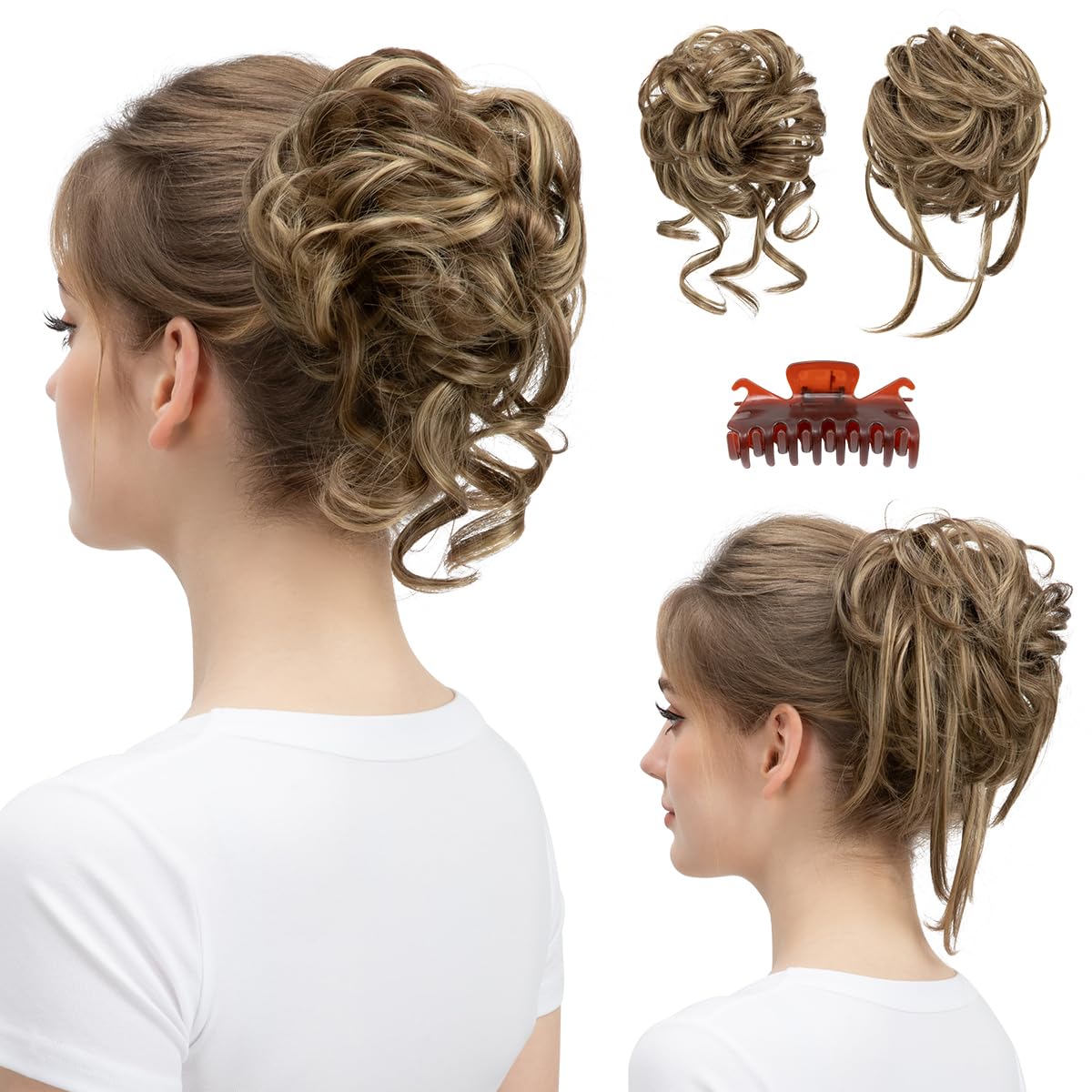 SARLA 2PCS Messy Bun Hair Pieces Detachable Claw Clip Wavy Curly Synthetic Hairpieces Fake Scrunchies Updo Ponytail Extension for Women Brunette/Ash Blonde