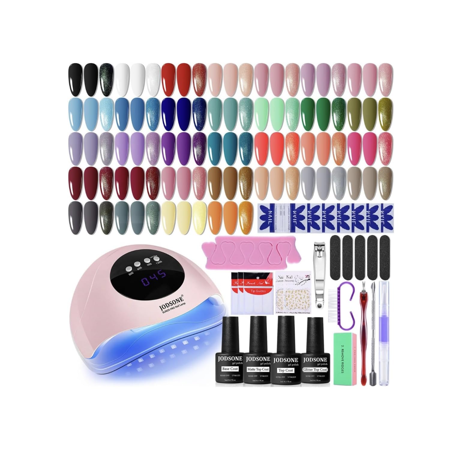JODSONE 63Pcs Kit Ongle Gel UV Complet avec Lampe à ongles,32 Couleurs de Vernis Semi-Permanent comprenant base coat et top coat,Kit complet de manucure pour usage à domicile et en salon